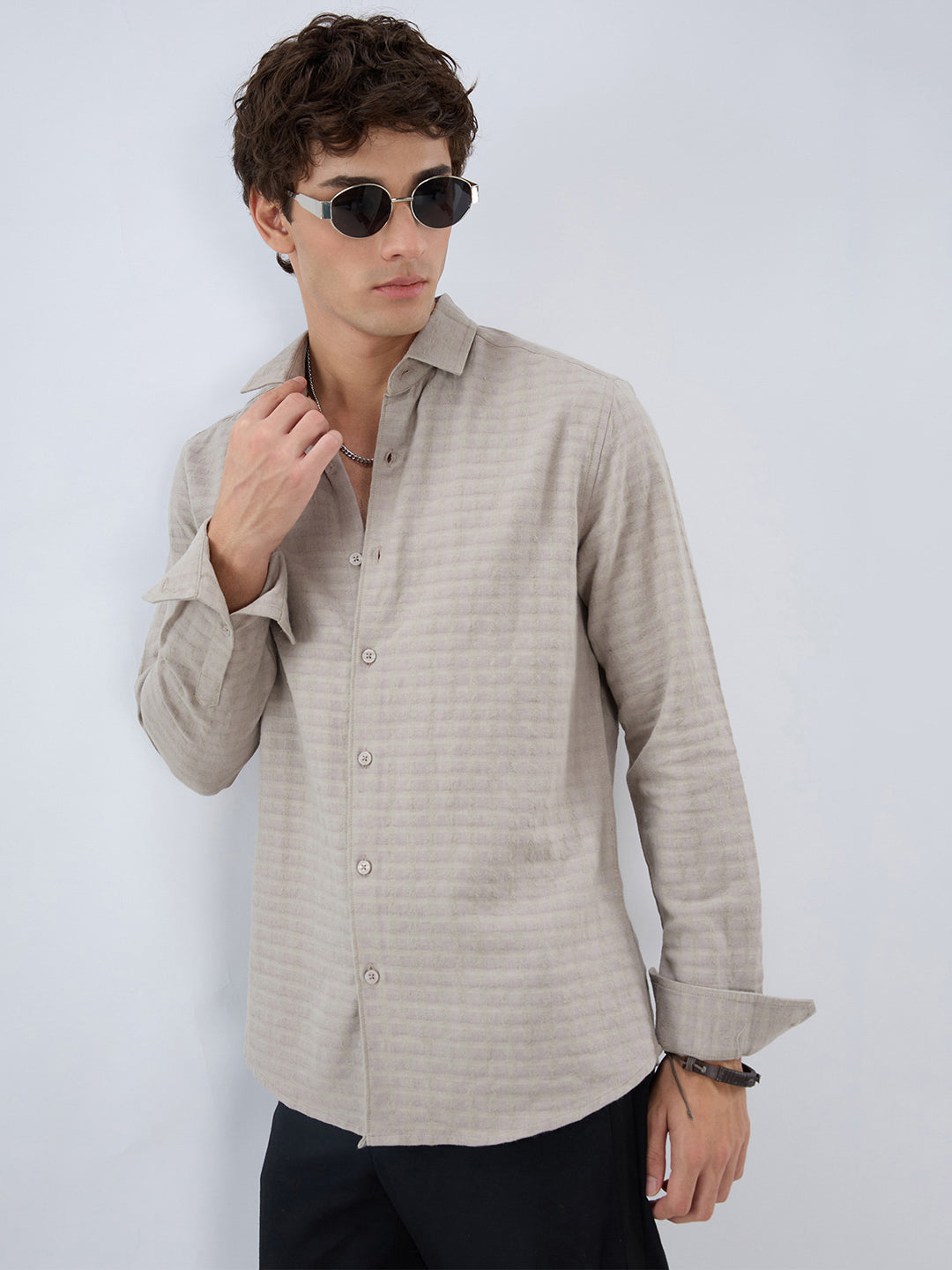 Grey Horizontal Striped Textured Shirt