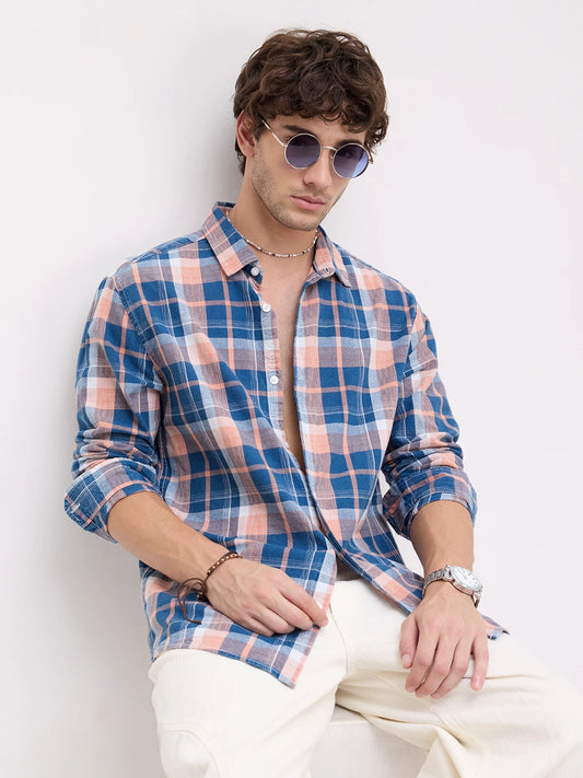 Denim Blue & Pink Multi Line Block Checks Shirt