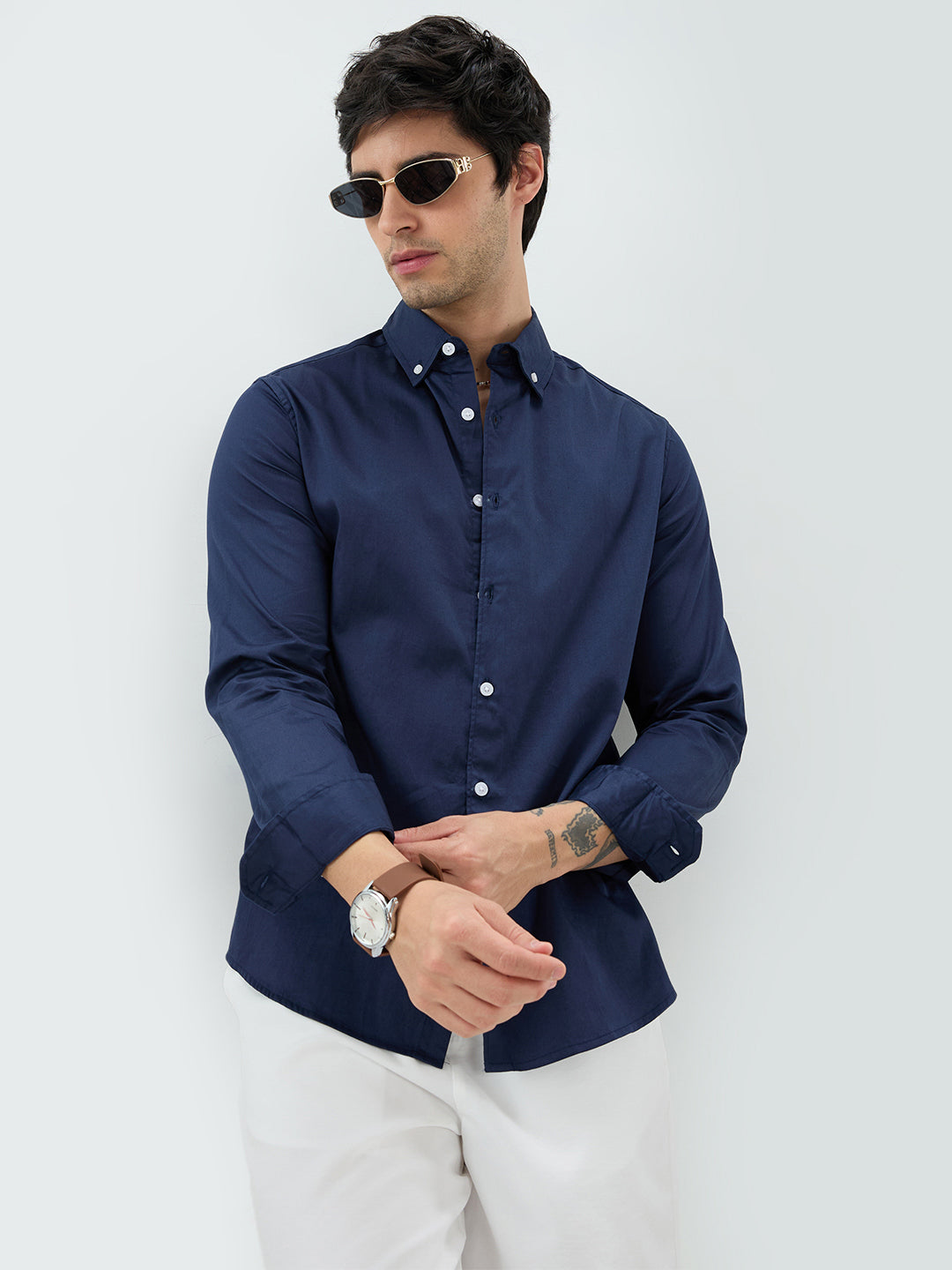 Navy Satin Luxe Button-Down Collar Shirt