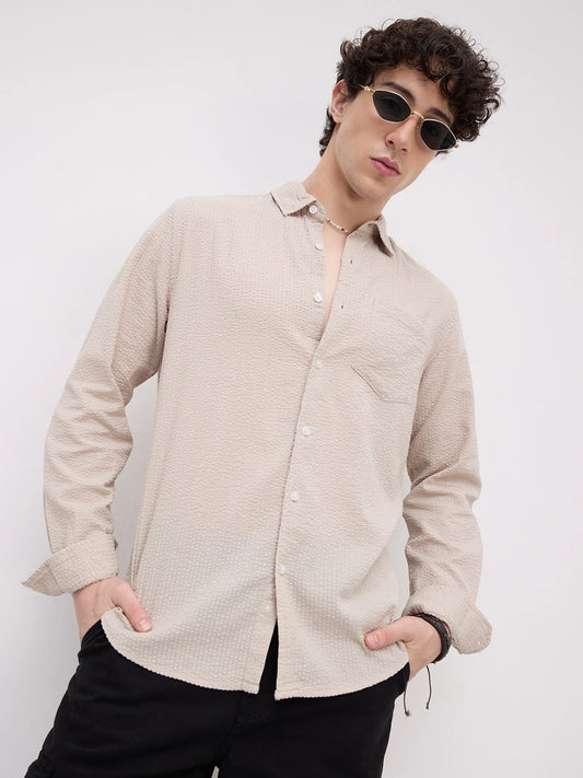 Pearl Beige Seersucker Textured Shirt