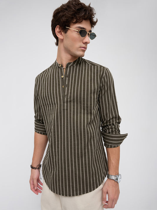 Elegant Olive Motif Seersucker Striped Embroidered Kurta