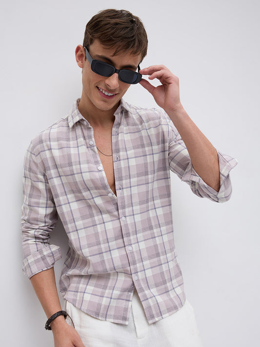 Dusty Pink Micro Herringbone Windowpane Checks Shirt