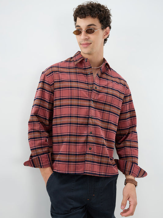 Rosewood Plaid Checks Boxy Fit Crop Cord Shirt