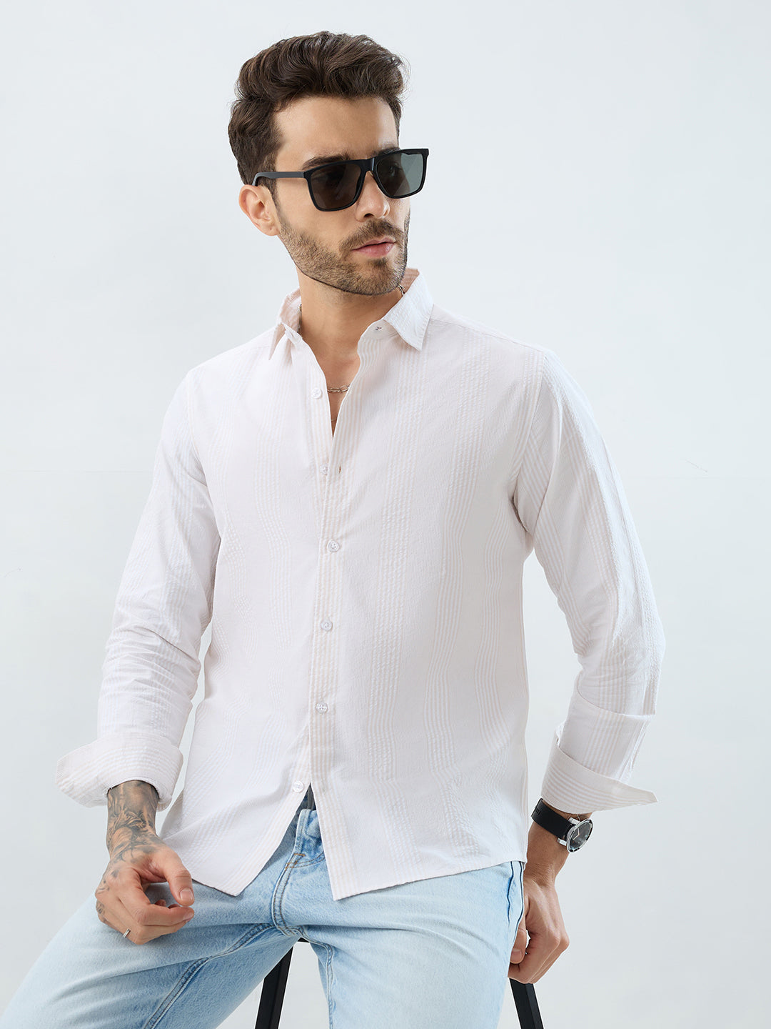 Contemporary Beige Fine Line Seersucker Executive Shirt