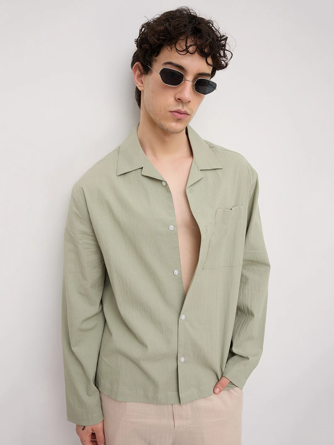 Pistachio Green Fine Textured Notch Collar Oversized Shirt