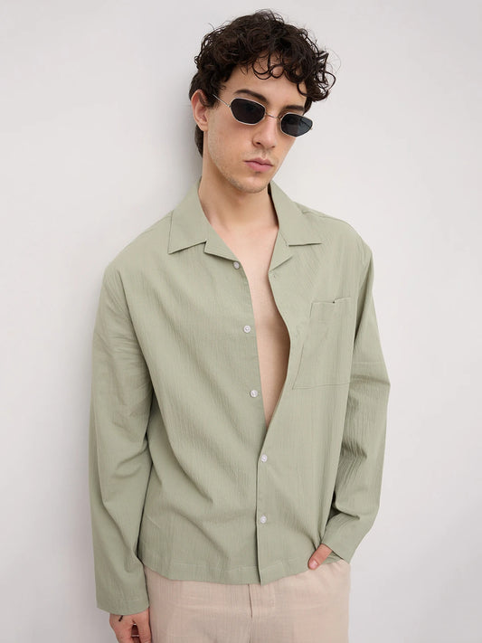 Pistachio Green Fine Textured Notch Collar Oversized Shirt