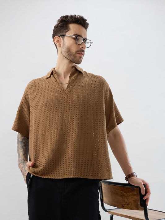 Tawny Brown Crochet Oversized Polo Shirt