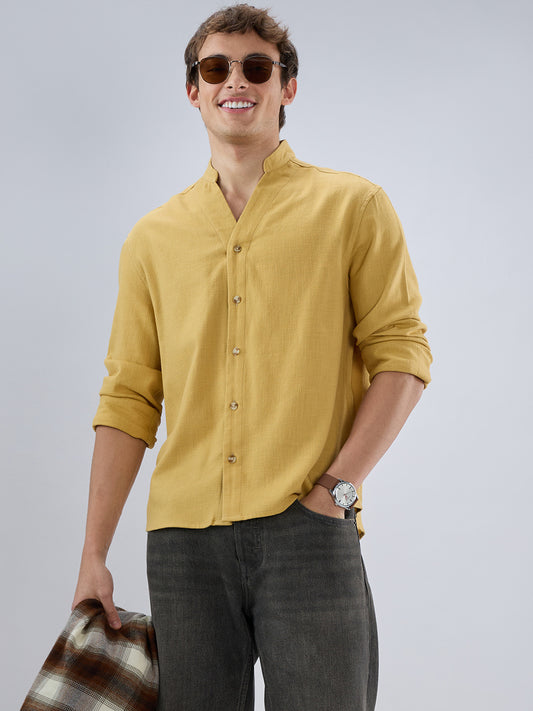 Soft Honey Yellow Diagonal Textured Stand Collar Oversized Shirt