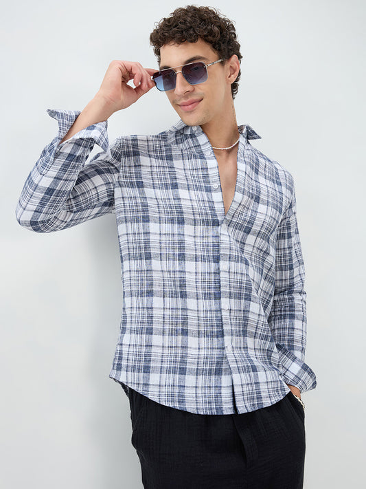 Navy & White Plaid Checks Textured Shirt
