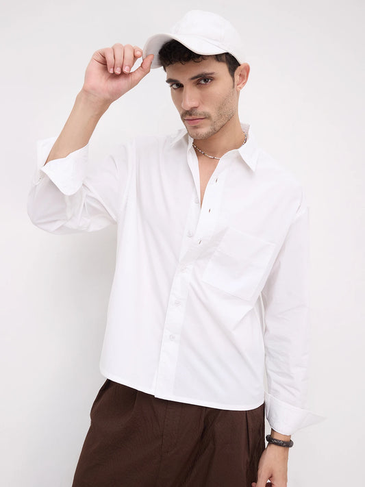 Timeless Off-White Crinkled Boxy Fit Crop Shirt