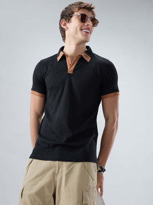 Rich Black Contrast Polo Neck Diamond Weave Knit T-shirt
