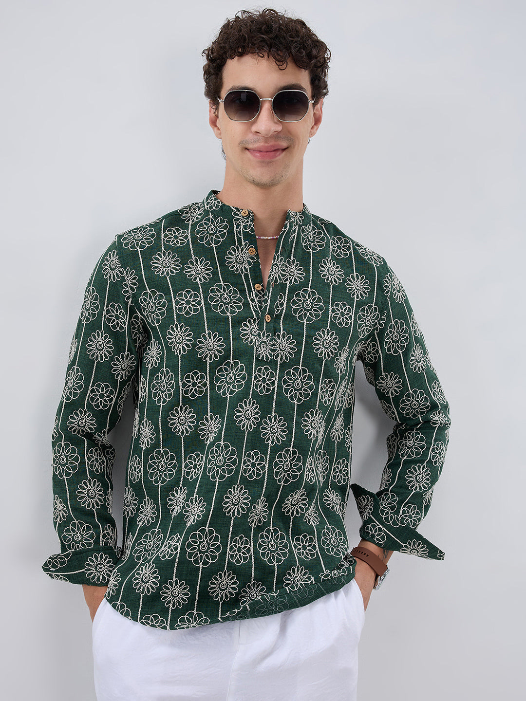 Emerald Green Floral Panel Embroidered Kurta