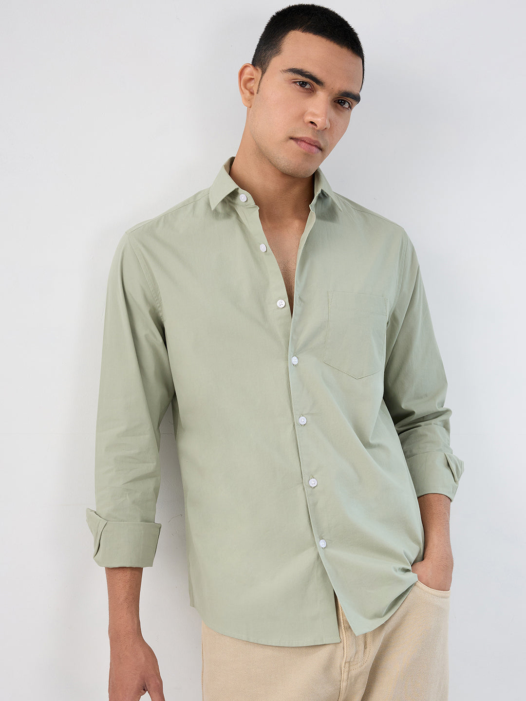 Plush Asparagus Green Peach Finish Poplin Shirt