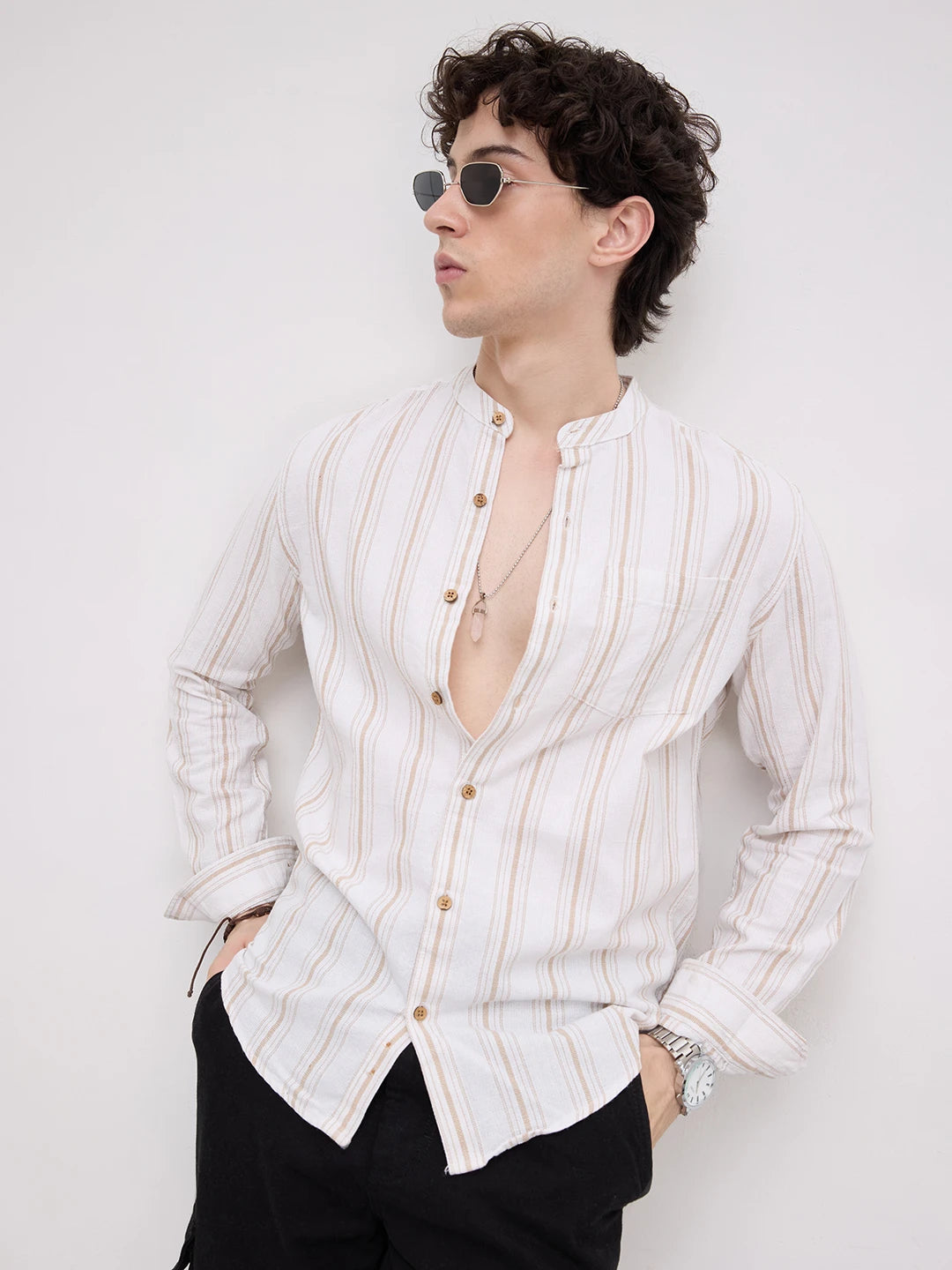Beige & White Stripes Mandarin Shirt