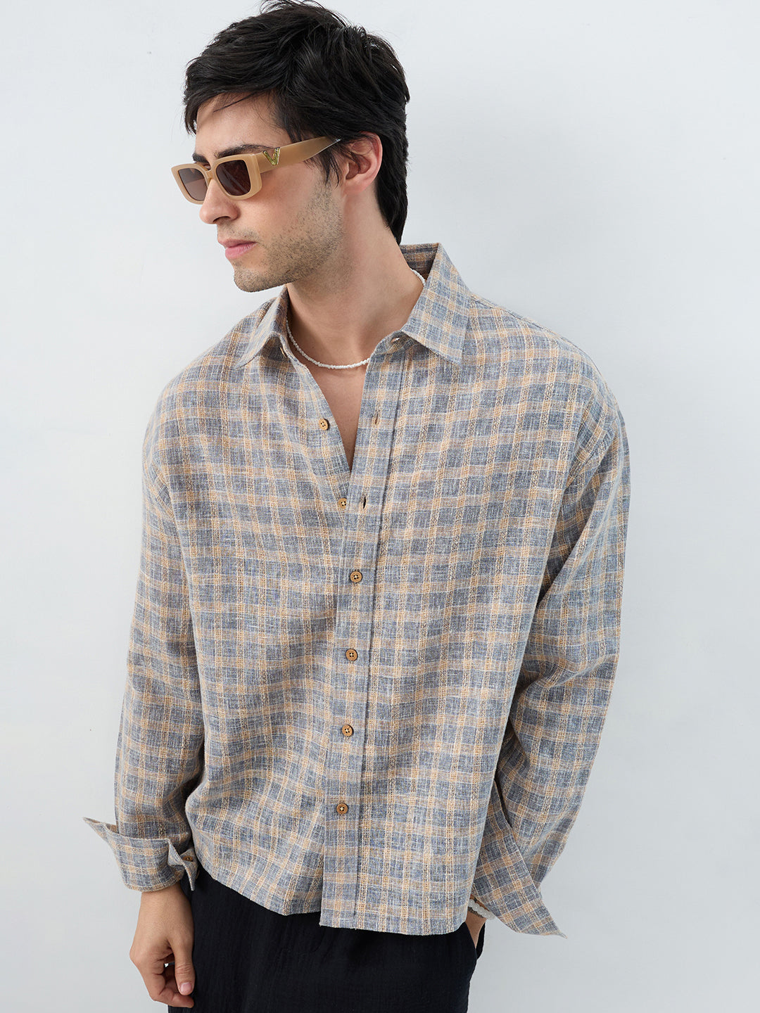 Fossil Grey Window Checks Linen Blend Boxy Fit Crop Shirt