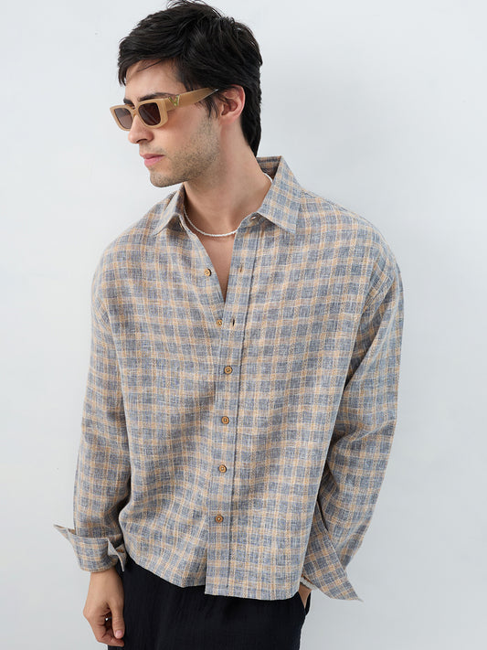 Fossil Grey Window Checks Linen Blend Boxy Fit Crop Shirt