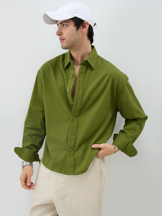 Basil Green Seersucker Striped Boxy Fit Crop Shirt