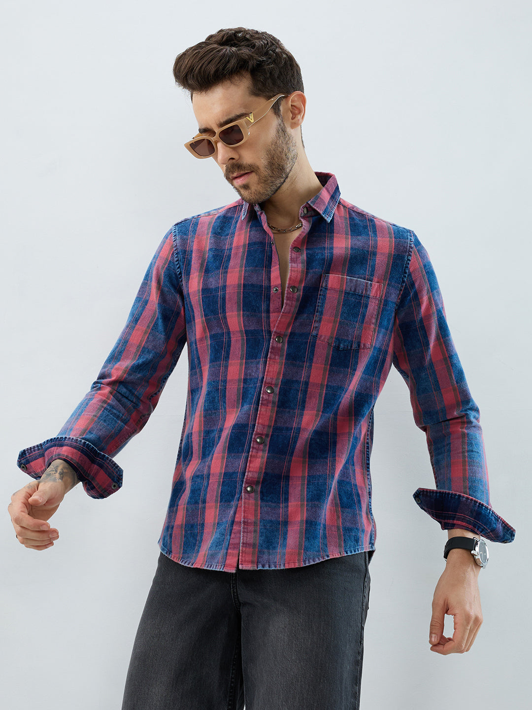Elegant Navy & Desire Red Denim Plaid Checks Shirt