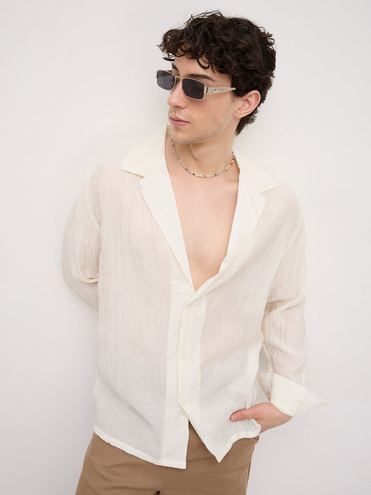 Off- White Pearl Crinkled Resort Collar Oversized Shirt