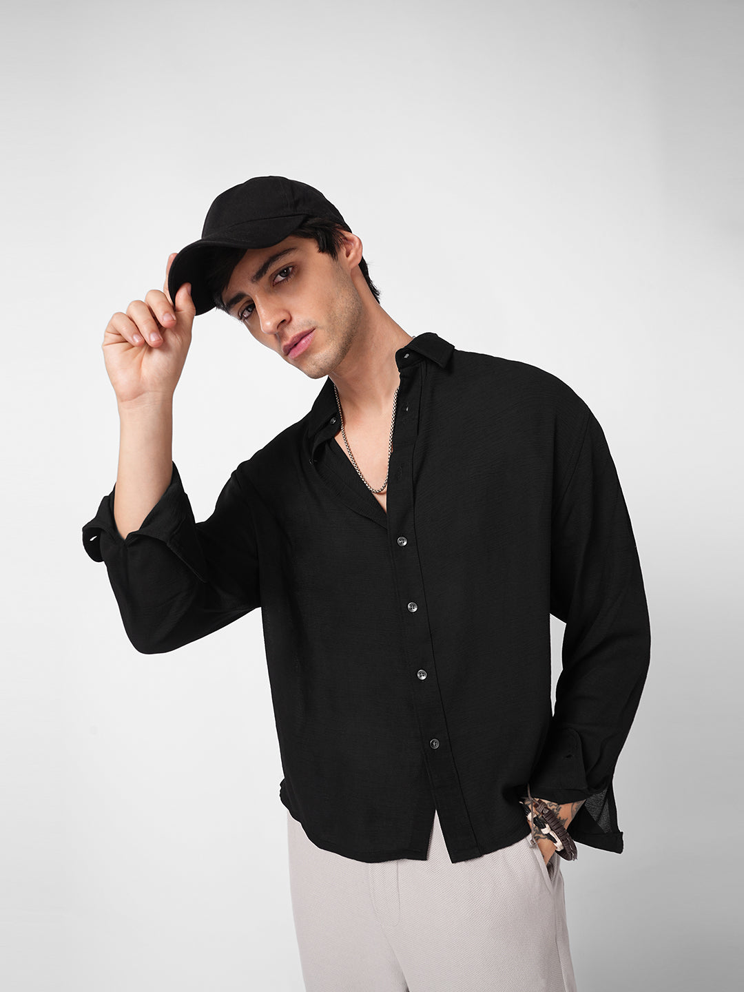 Black Mini Checks Oversized Crinkled Crop Shirt