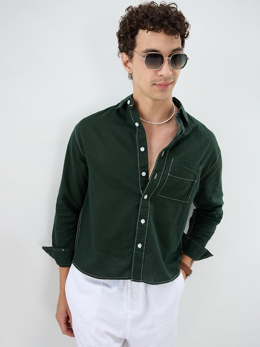 Luxe Sacramento Green Contrast Stitch Linen Blend Boxy Fit Crop Shirt