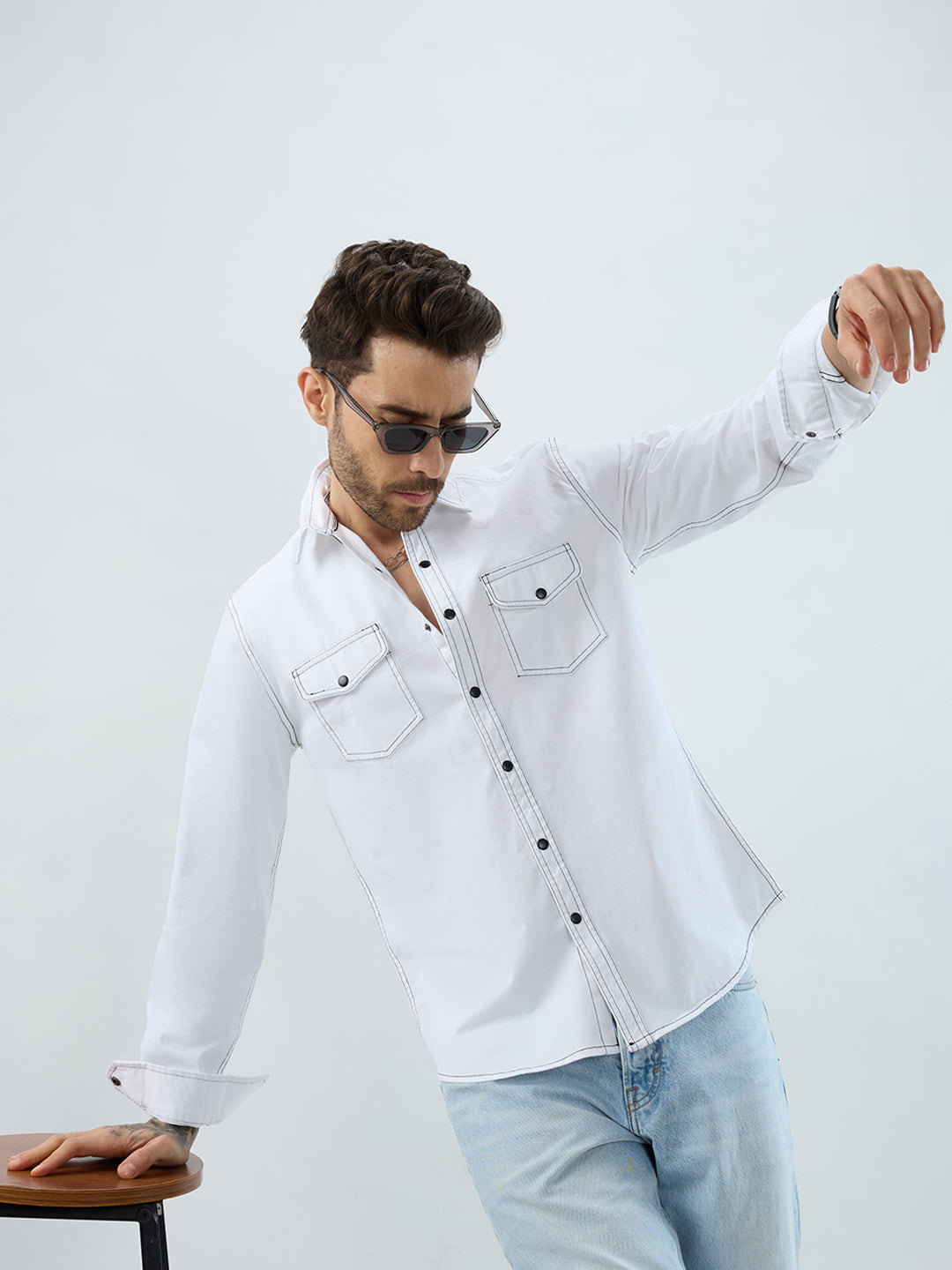 White Contrast Stitch Double Pocket Overshirt