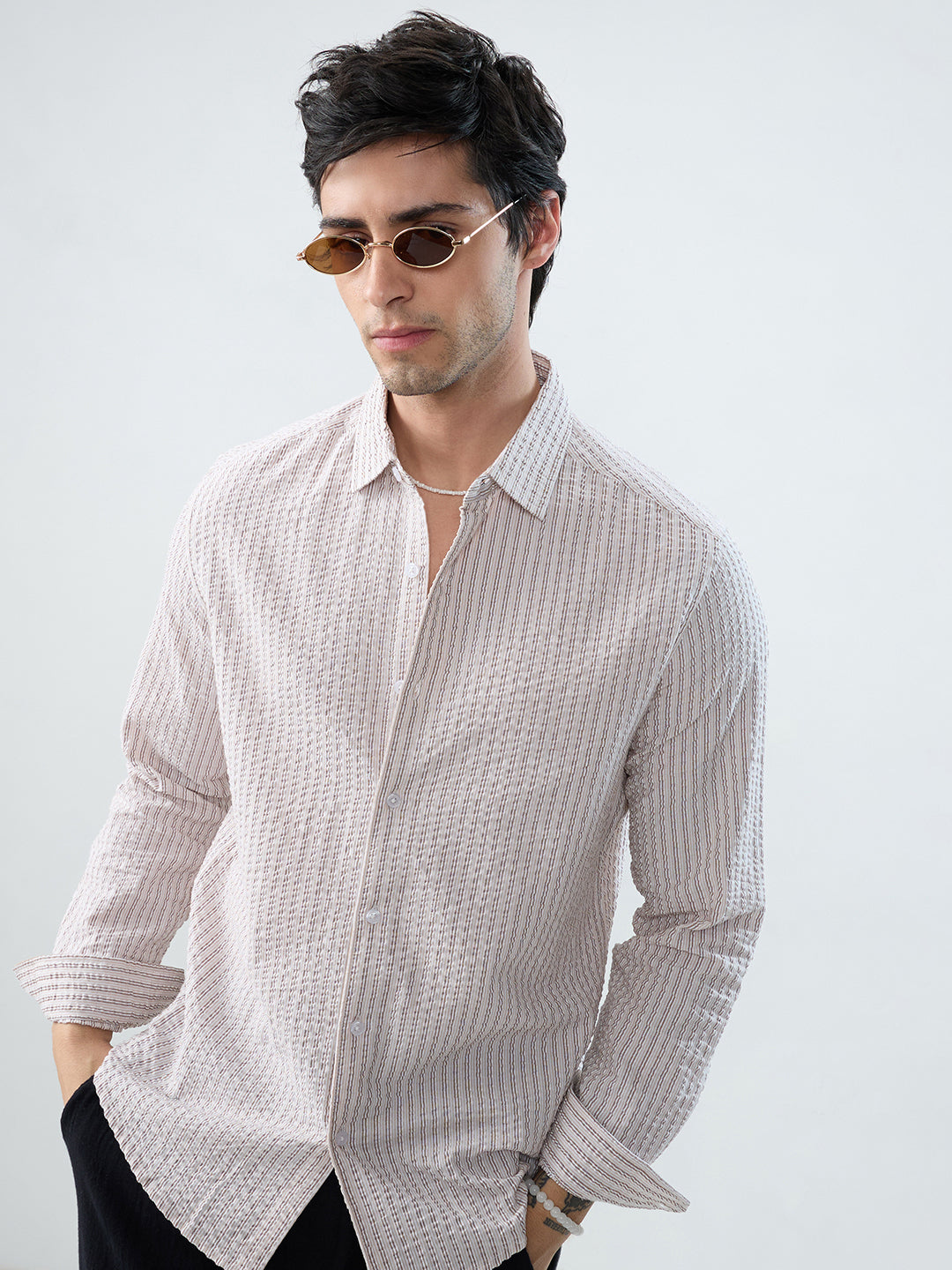 Neutral Tone Fine Stripe Seersucker Shirt