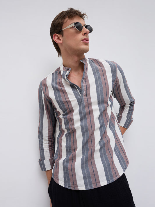 Refined White & Grey Broad Striped Kurta