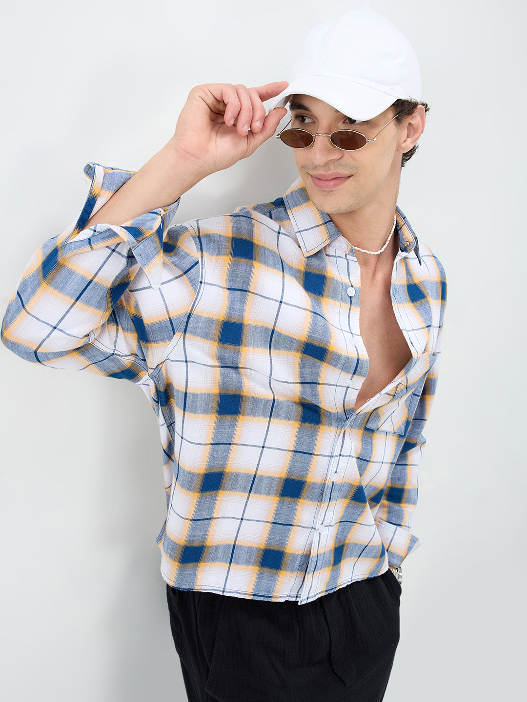 Denim Blue Herringbone Windowpane Checks Boxy Fit Shirt