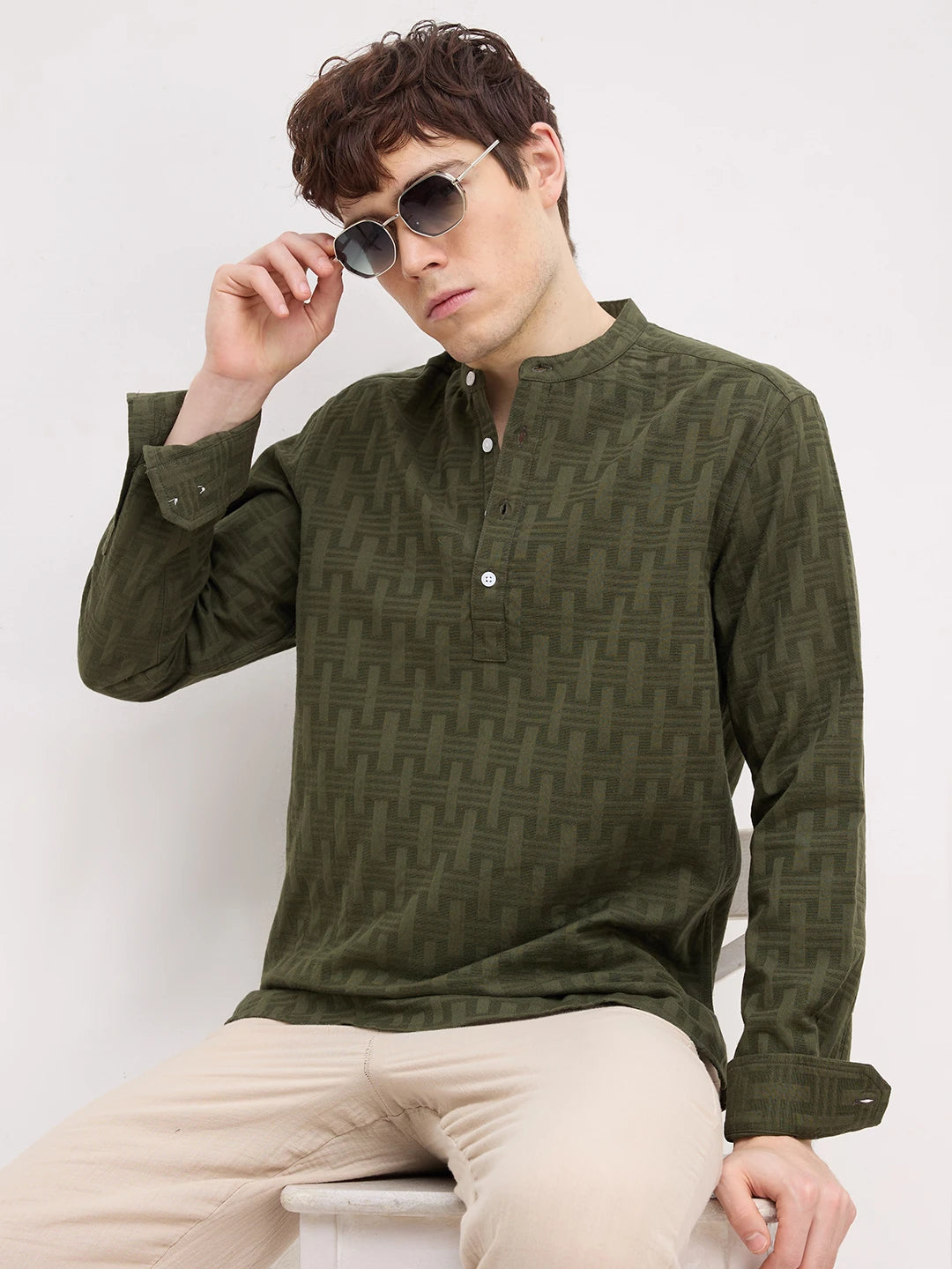 Elevated Olive Architectural Weave Kurta