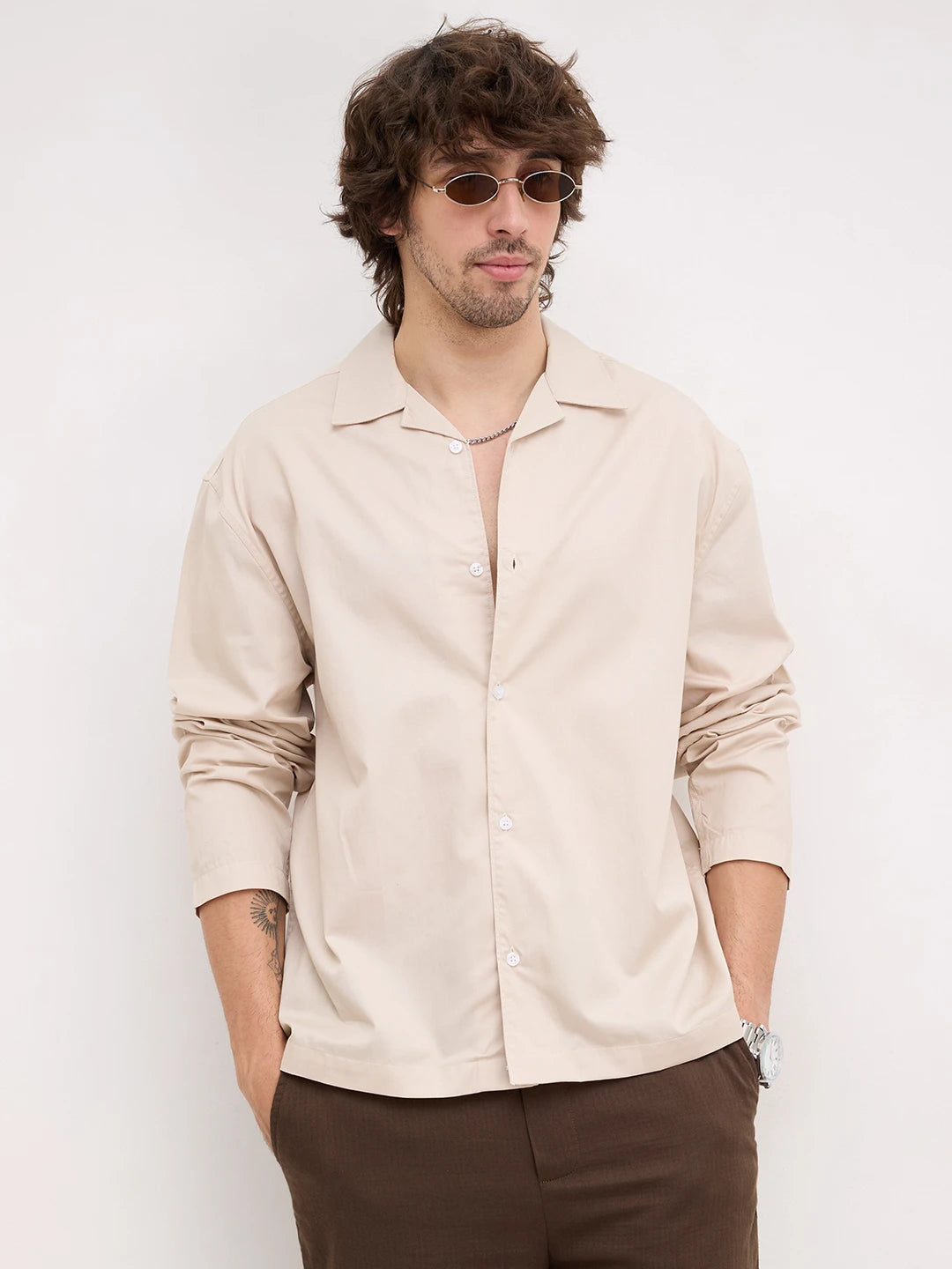 Sand Beige Twill Notch Collar Oversized Shirt