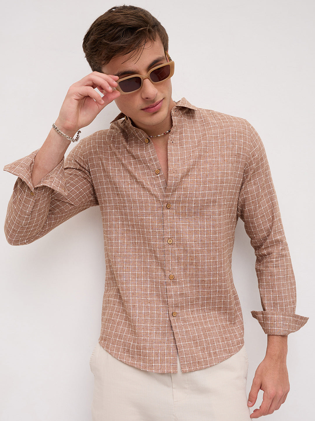 Rustic Brown Embroidery Grid Checks Shirt