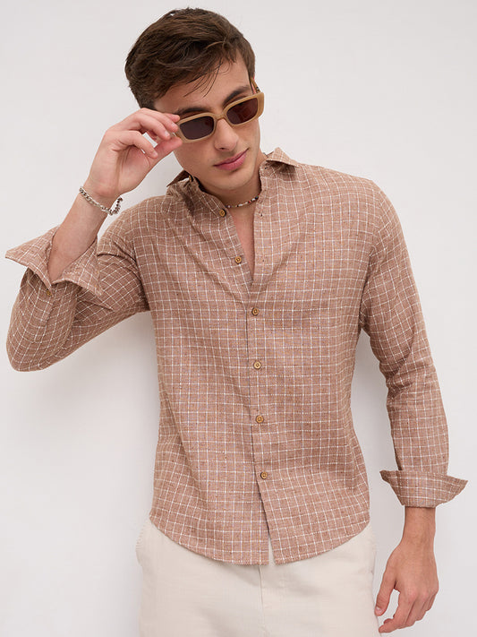 Rustic Brown Embroidery Grid Checks Shirt