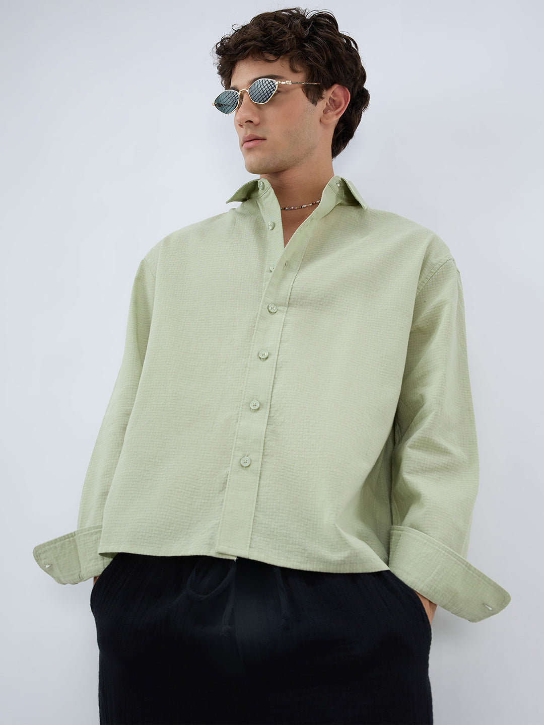 Sage Green Micro Weave Boxy Fit Crop Shirt