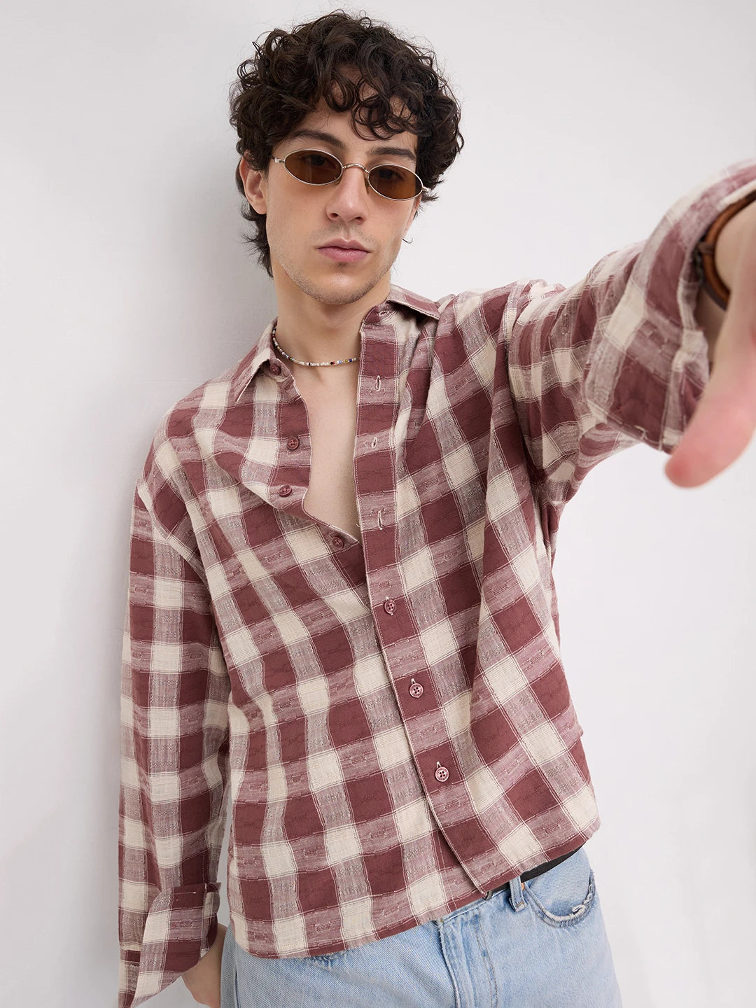 Vintage Maroon Handloom Inspired Checks Boxy Fit Crop Shirt