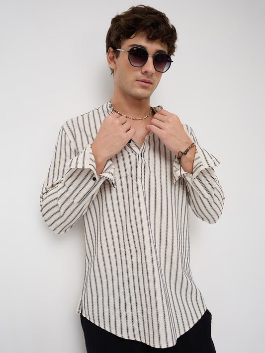 Coastal Ivory Motif Striped Seersucker Embroidered Kurta