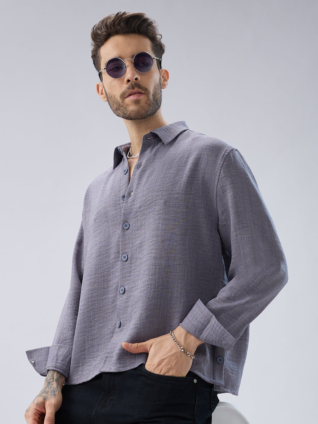 Pebble Grey Slub Textured Side-Slit Button Oversized Crop Shirt