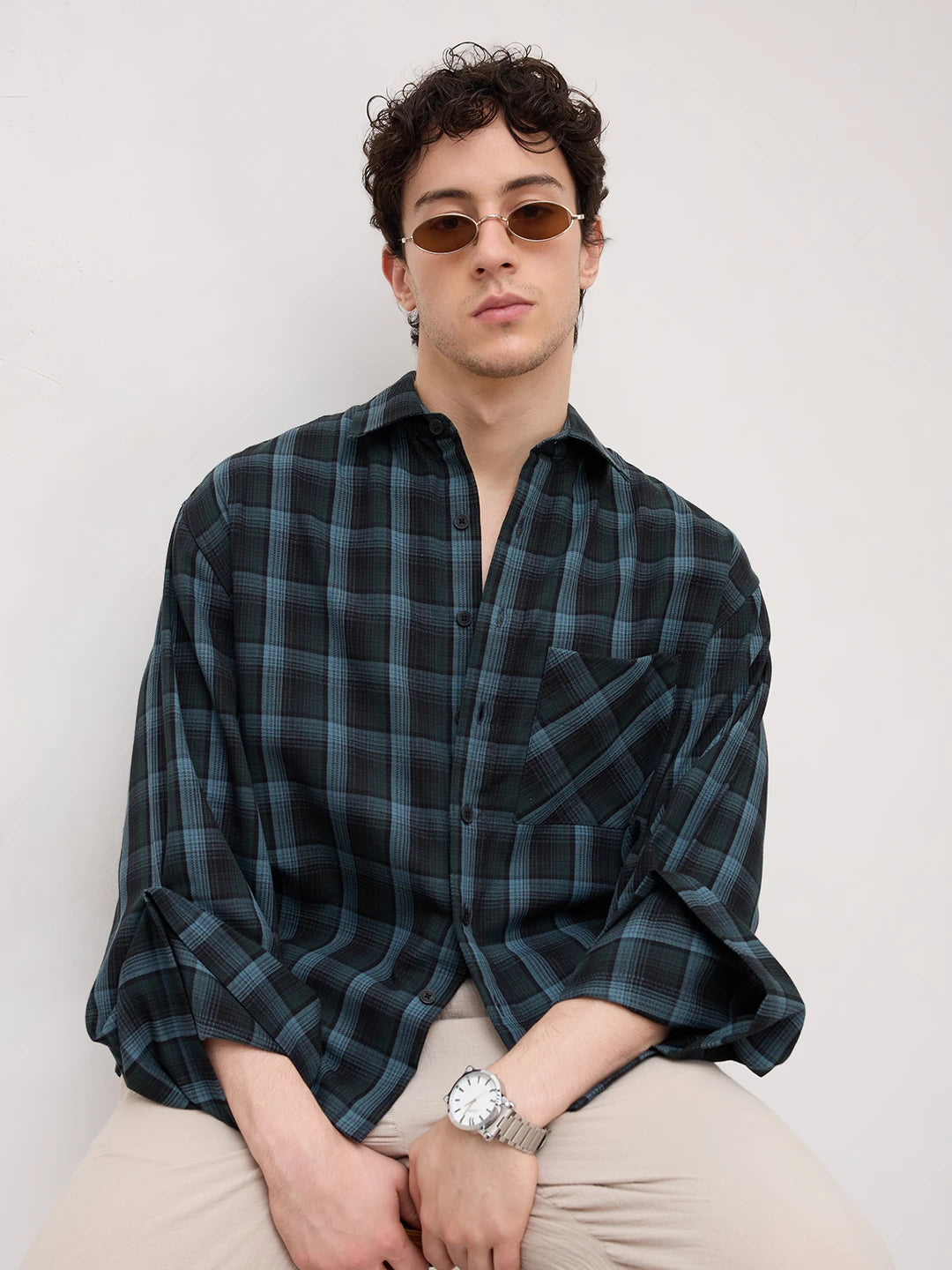 Turkish Blue Plaid Checks Cuffless Oversized Crop Shirt