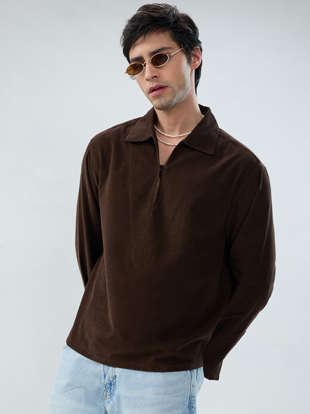 Carob Brown Corduroy Cuffless Oversized Shirt