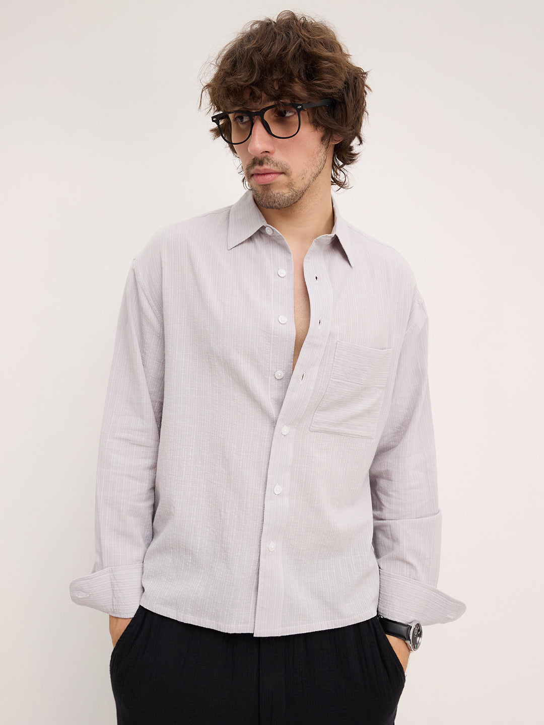 Ash Grey Fine Striped Textured Boxy Fit Crop Shirt
