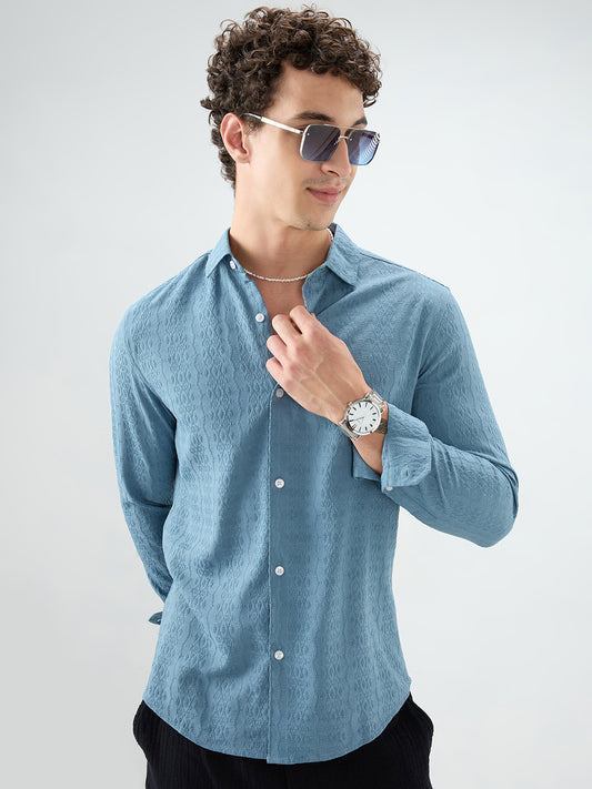 Ocean Teal Motif Raised Textured Crinkled Shirt