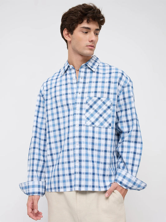 Denim Marine Ivory Interlock Framed Check Boxy Fit Crop Shirt