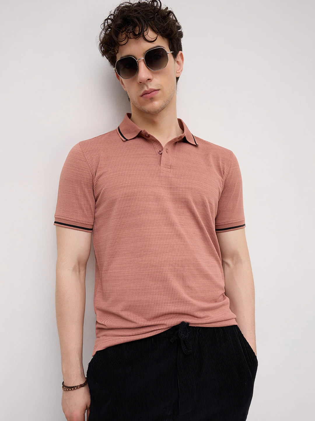 Coral Peach Grid Textured Contrast Polo Knit T-Shirt