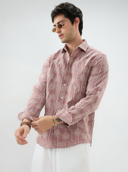 Turkish Rose Pink Floral Embroidered Slub Shirt