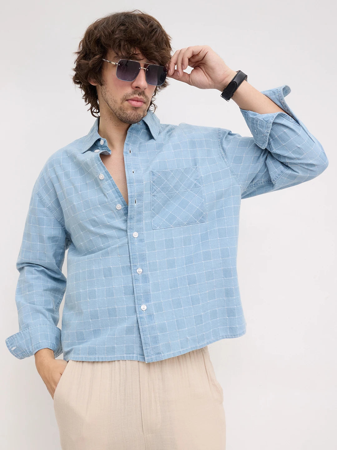 Denim Plaid Checks Boxy Fit Crop Shirt