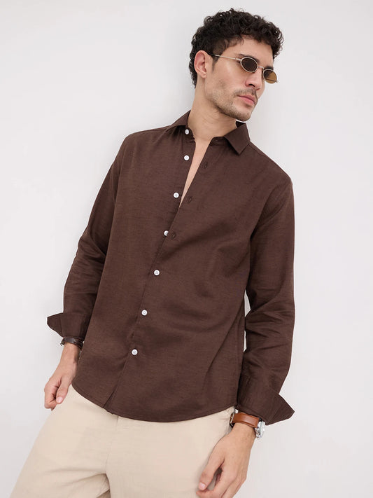 Luxe Deep Saddle Brown Linen Blend Shirt