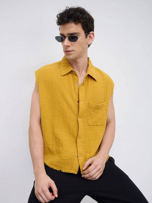 Mustard Yellow Double Cloth Sleevless Crop Shirt