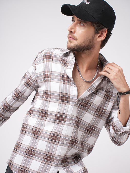 White & Umber Brown Bespoke Checks Shirt
