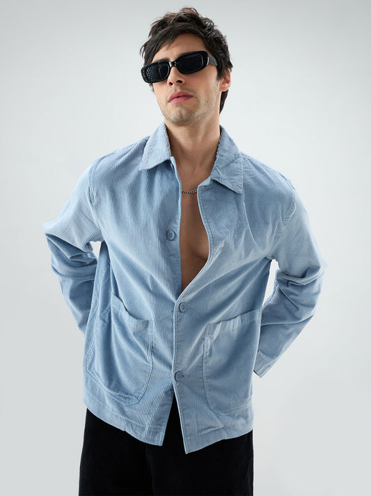 Exquisite Blue Corduroy Double Pocket Oversized Shacket