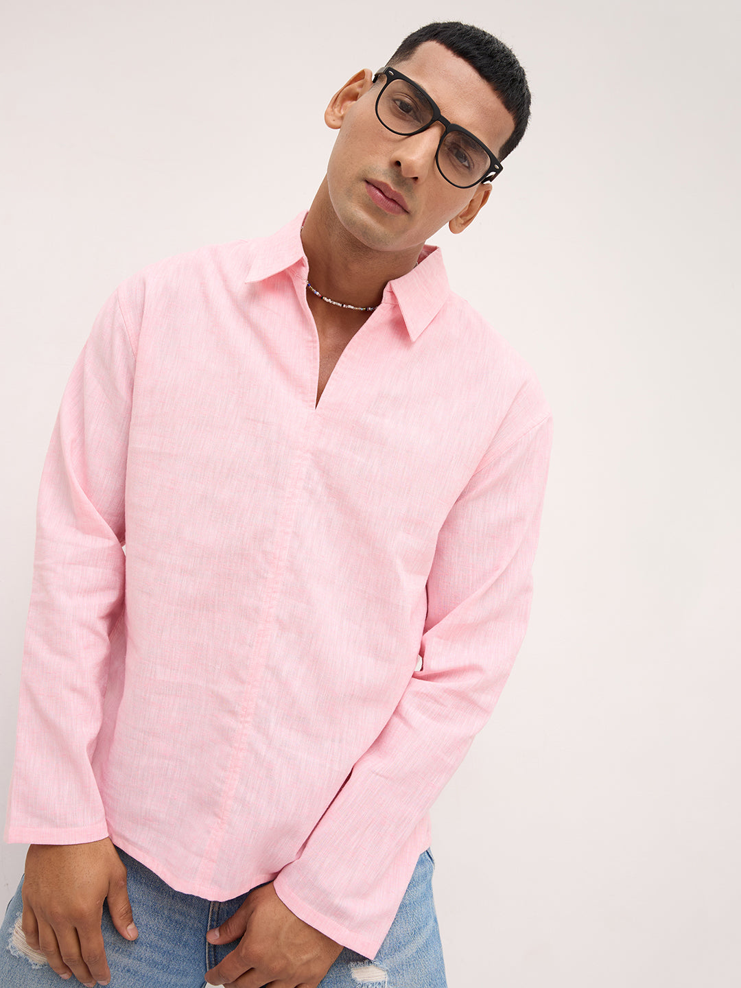 Soft Pink Textured Center Seam Oversized Polo Shirt
